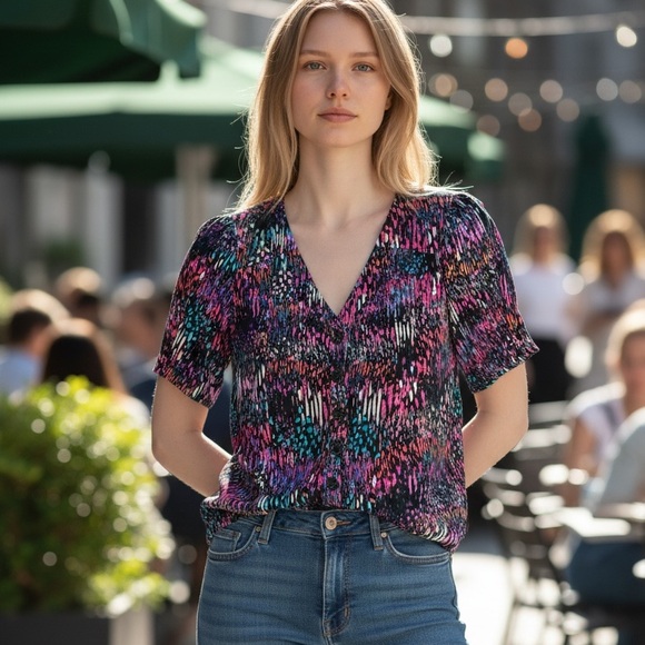 Nanette Lepore Tops - Nanette Lepore Multi-Color Silk V-Neck Button-Down Blouse Short Sleeve Women’s 2